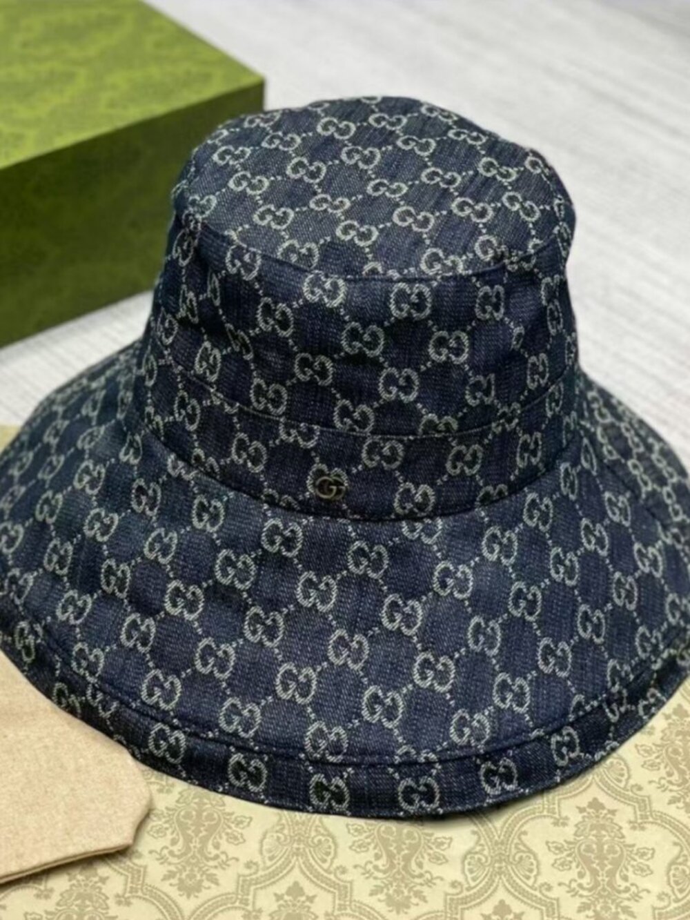Gucci Dark Blue Denim GG Print Bucket Hat